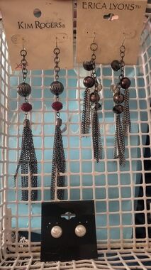 Kim Rogers Black Chain Tassel Earrings with Maroon Beadsw/free Large White Pearl